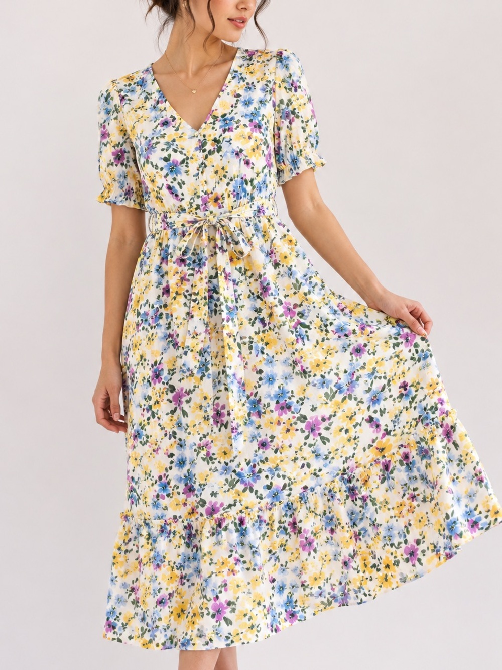 🎀 CALVIN KLEIN Romantic Floral Spring Midi Dress Puff Sleeve Ruffle Hem Sz 6